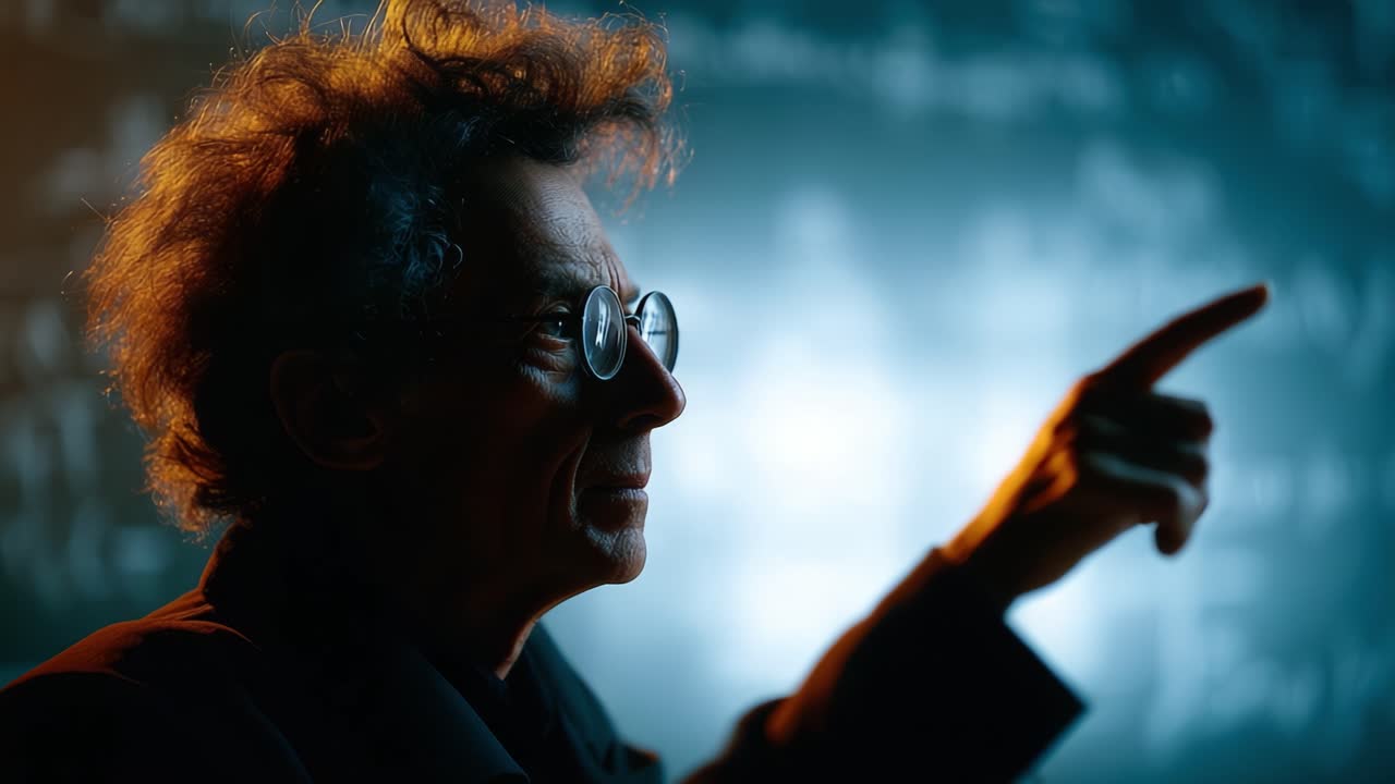 A thoughtful individual with wild hair gestures thoughtfully, surrounded by a mysterious chalkboard backdrop filled with complex equations and scientific ideas