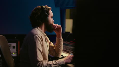 audio expert operating motorized faders and mixing console in control room