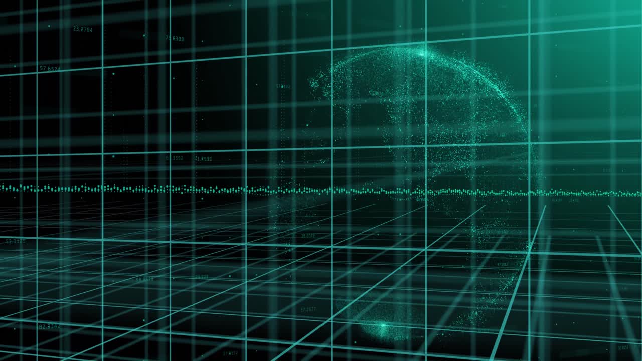 animación de cuadrícula 3d sobre globo brillante y gráfico de procesamiento de datos en fondo negro