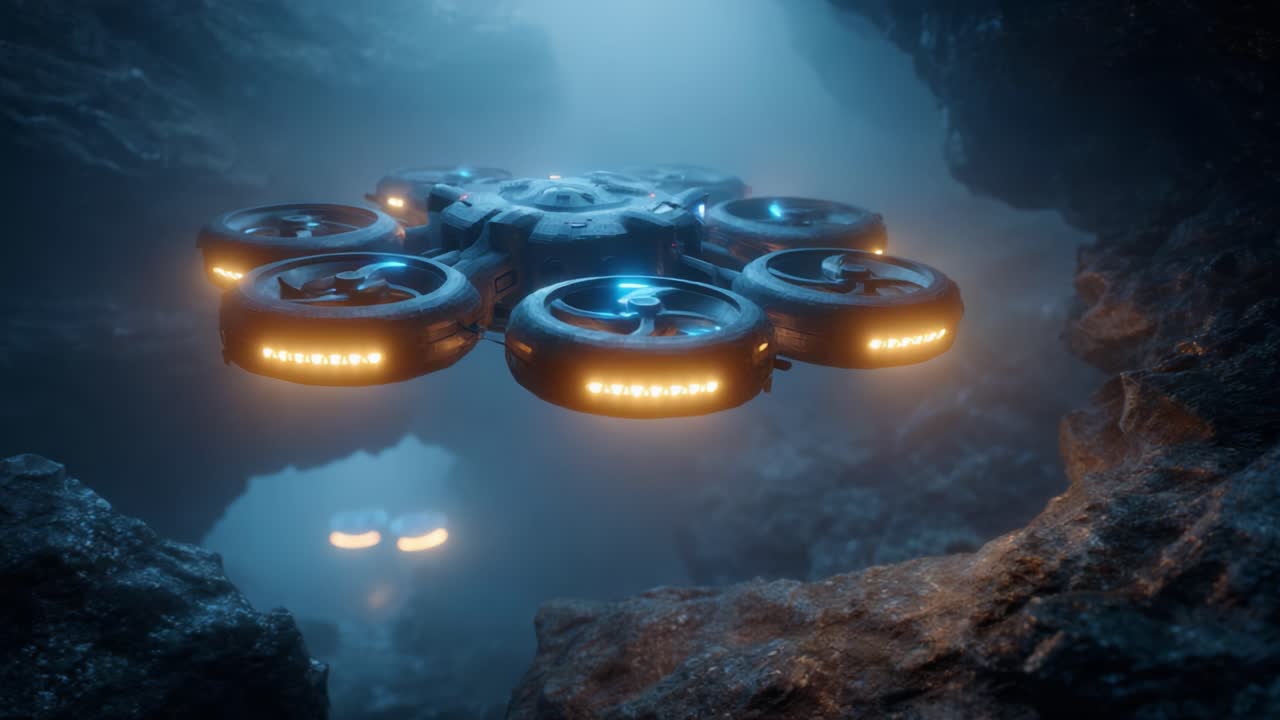 Futuristic Underwater Drone Exploration in a Mysterious Aquatic Environment with Glowing Lights and Intriguing Underwater Landscapes