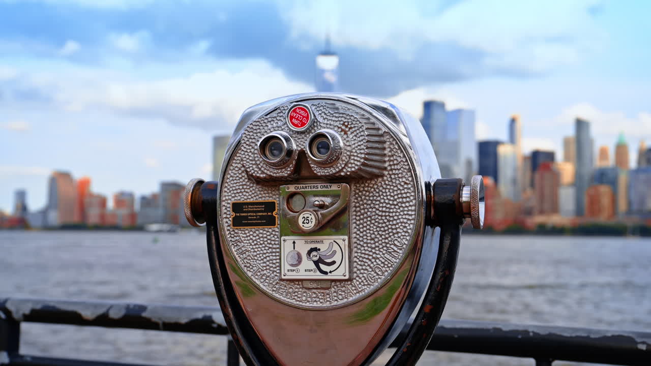 New York, USA, 8 novembre 2025: spettatore con la Freedom Tower sullo sfondo. Classico binocolo con vista sullo skyline di Lower Manhattan in pieno giorno