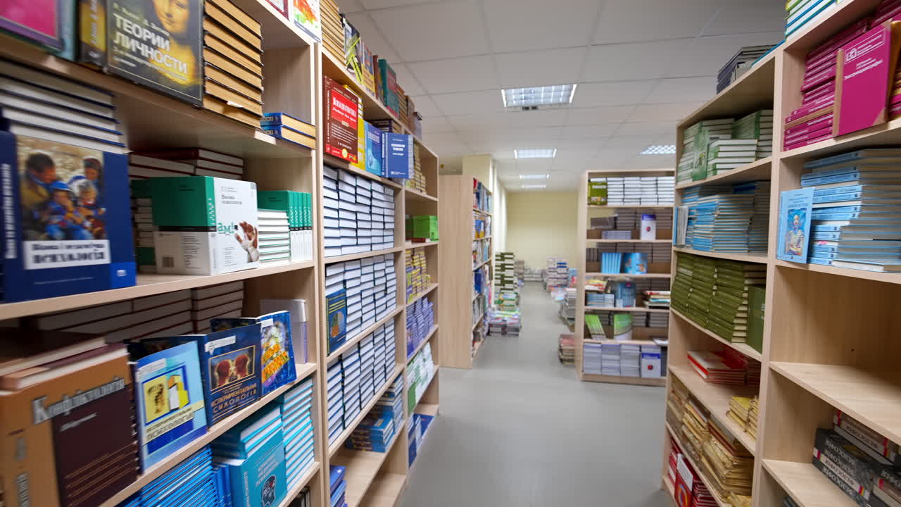 Biblioteca con grande libreria. Scatto lungo gli scaffali con libri cartacei.