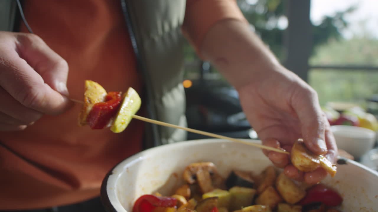 Preparing Veggie Skewers for BBQ