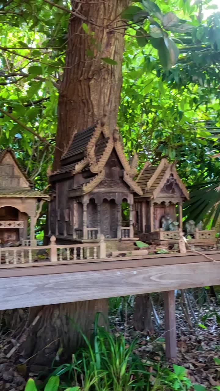 잔잔한 초록색으로 둘러싸인 전통적인 태국 정신의 집을 특징으로하는 조용한 정원 장면, 부드러운 카메라 움직임과 자연 조명으로 포착