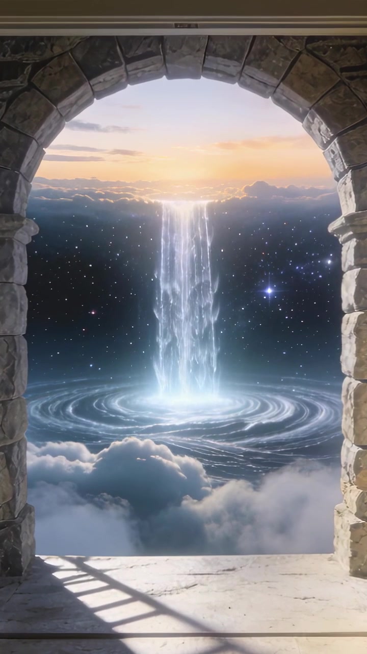 Vertical video: Sparking sun glow flowing lit fall feeding vortex through stone arch, ladder shadow