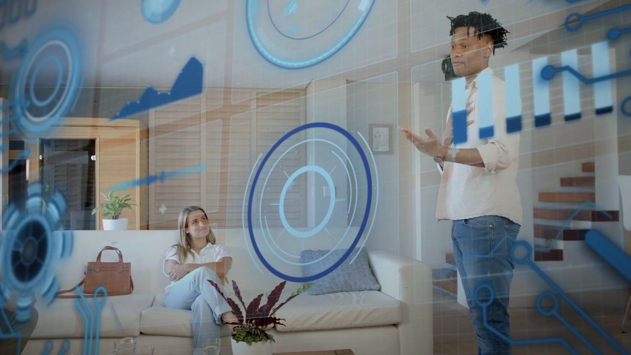 Man entering, gesturing, explaining tech plan in home while woman nodding, blue HUD responding