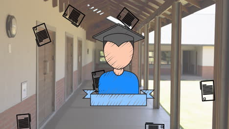 animación de los iconos de los artículos escolares que se mueven por el pasillo