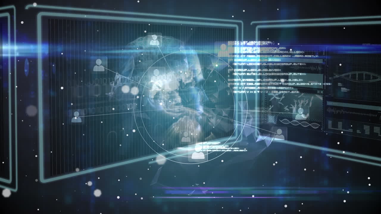 화면에서 데이터 처리를 통해 지구와 연결 네트워크의 애니메이션