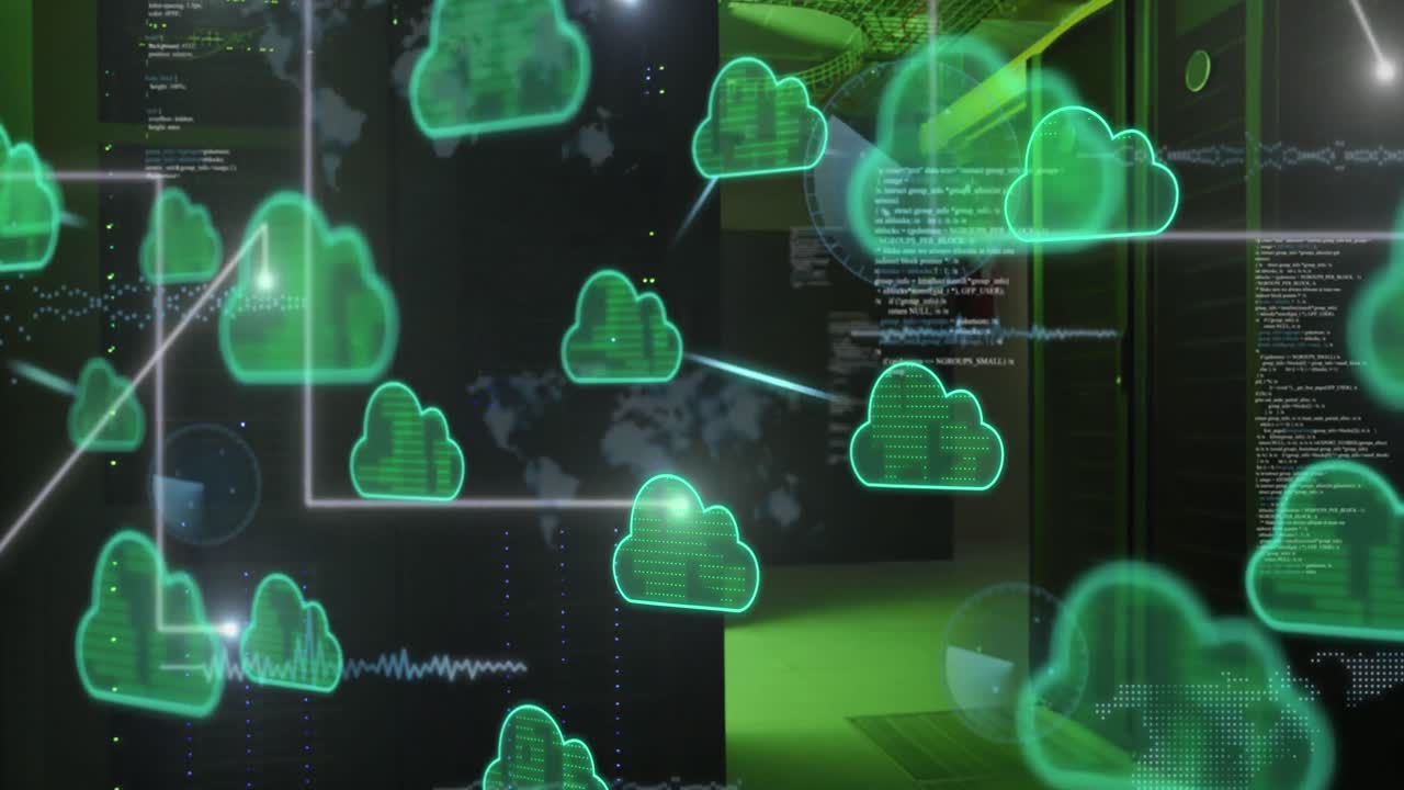 Animation of cloud icons and data processing over computer servers