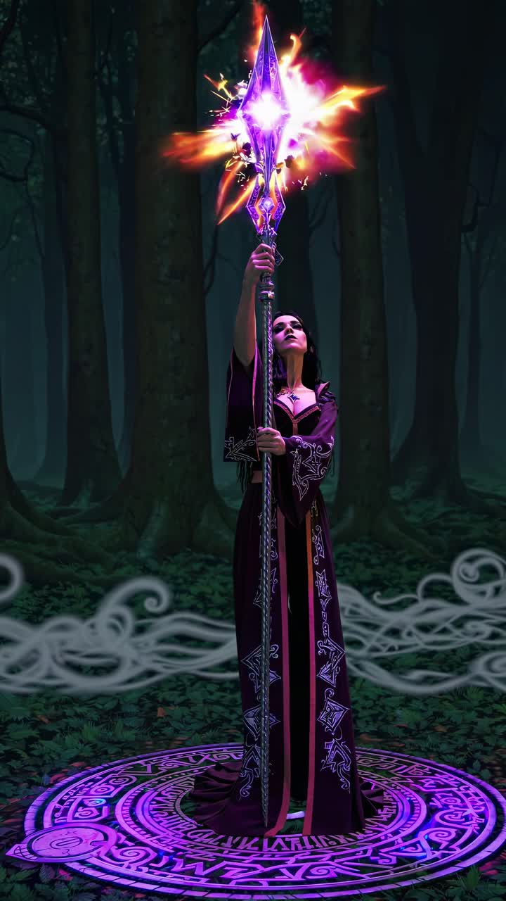 Feiticeira Mística Realizando Magia com um Cajado Luminoso em uma Floresta Escura