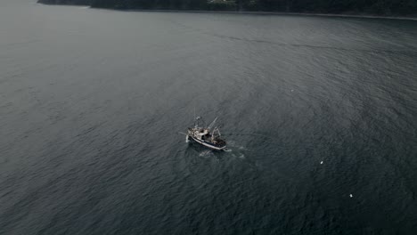 Arrastrero-De-Pesca-Navegando-En-Medio-De-Un-Mar-En-Calma-Con-Gaviotas-Volando-Por-Encima-En-Quebec,-Canadá