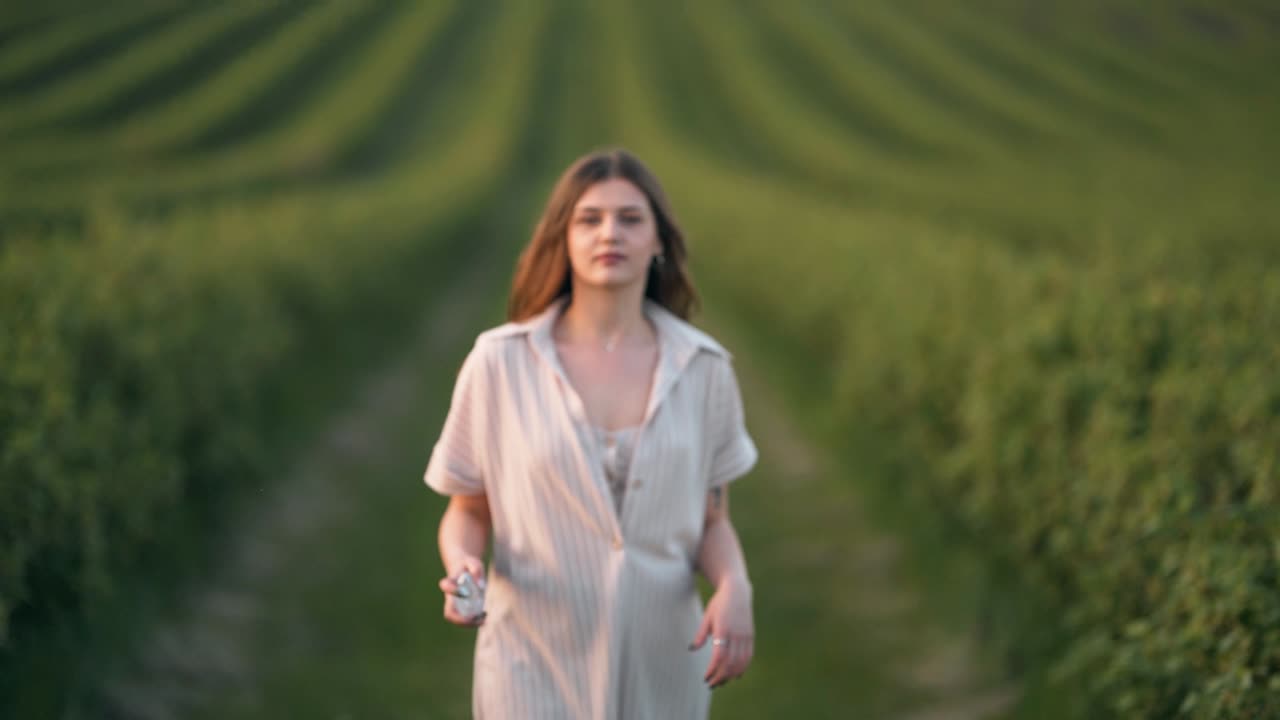 beautiful girl walking in the field sprays spray on herself