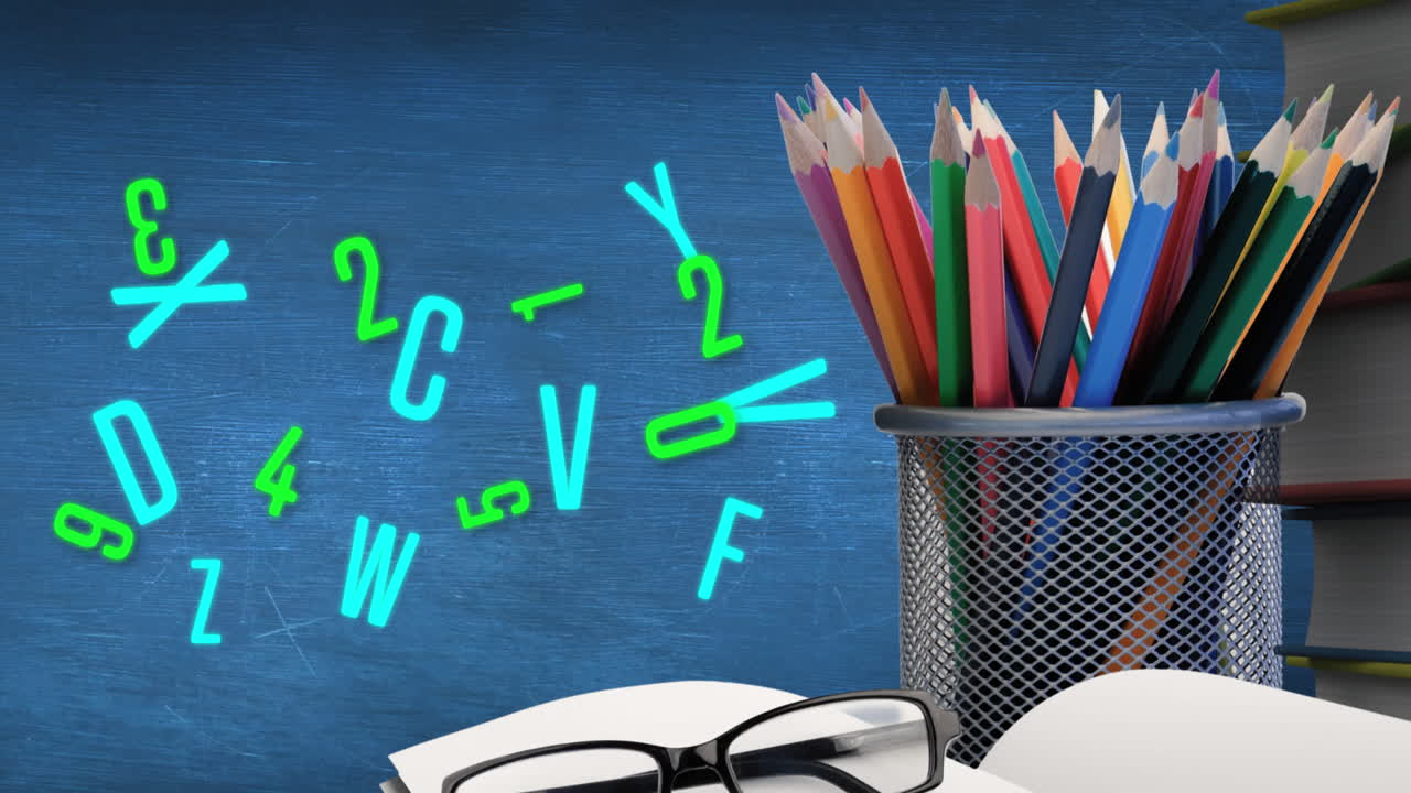 Animation of cup with colorful crayons and green letters