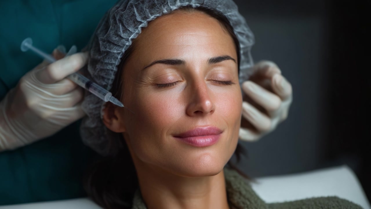 Una donna calma e serena che riceve un trattamento cosmetico, mostrando il delicato processo di miglioramento della bellezza con un focus sul relax e il ringiovanimento.