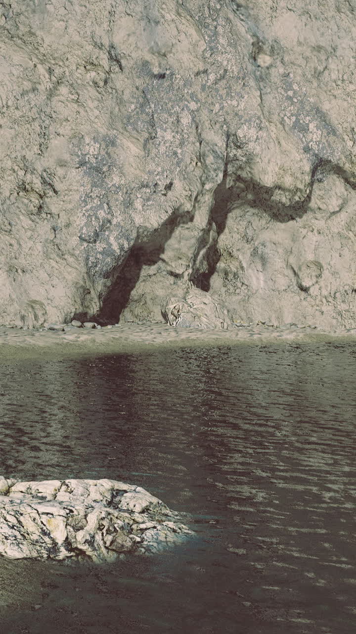 Serene lake nestled between rugged cliffs under a clear blue sky