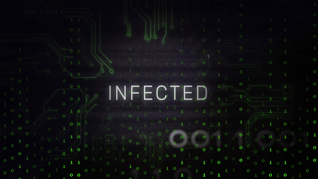 Digital theme animation with binary code and circuit patterns showing INFECTED text