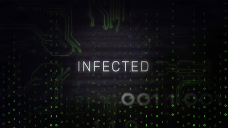 Digital theme animation with binary code and circuit patterns showing INFECTED text