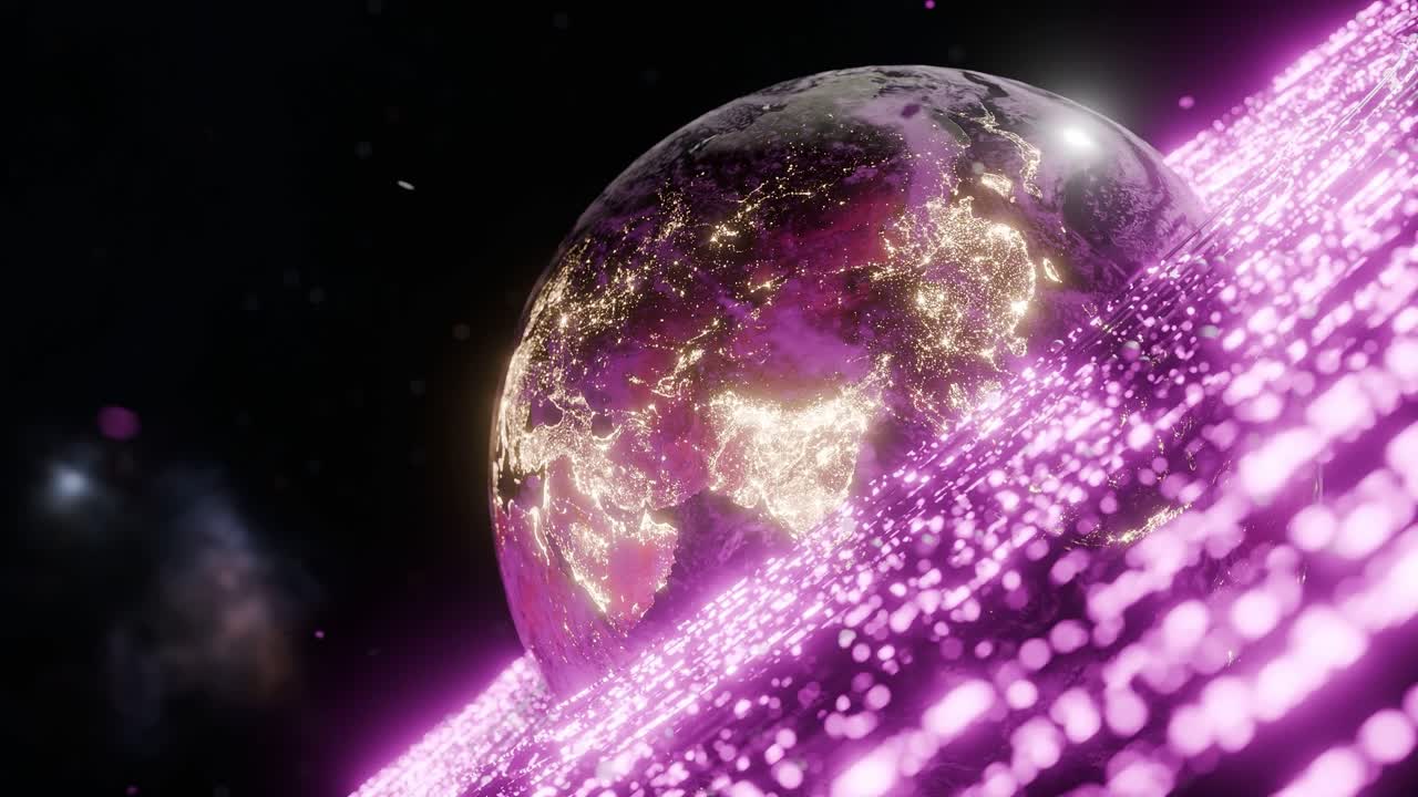 Earth showing illuminated regions of South Asia, East Asia, with pink digital particles in outer space. India, China. 3D rendering with night lights and energy wave. technology global connection