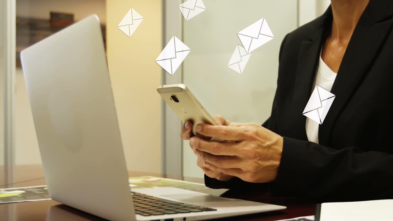 Animation of envelope icons over woman using smartphone and laptop