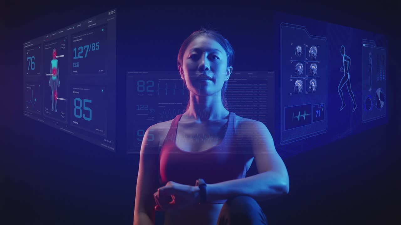 deporte tecnología digital, mujer asiática usando reloj inteligente seguimiento deporte salud cuerpo puntuación gráfico gráfico análisis de datos, tecnología de alta tecnología futurista futuro estilo de vida saludable.