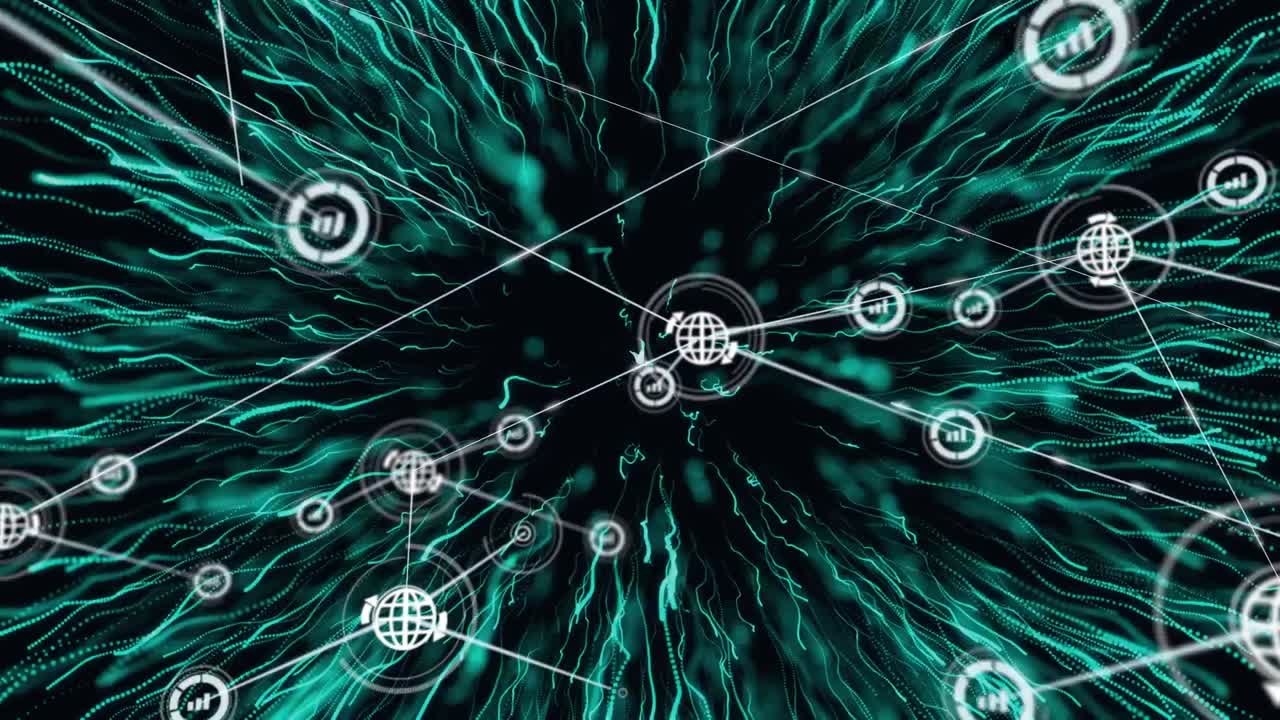 animación de la red de conexiones con iconos digitales sobre explosión verde