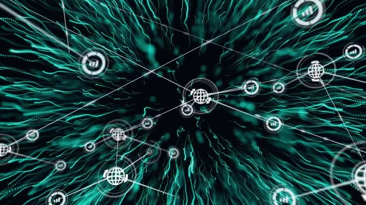 Animation of network of connections with digital icons over green explosion