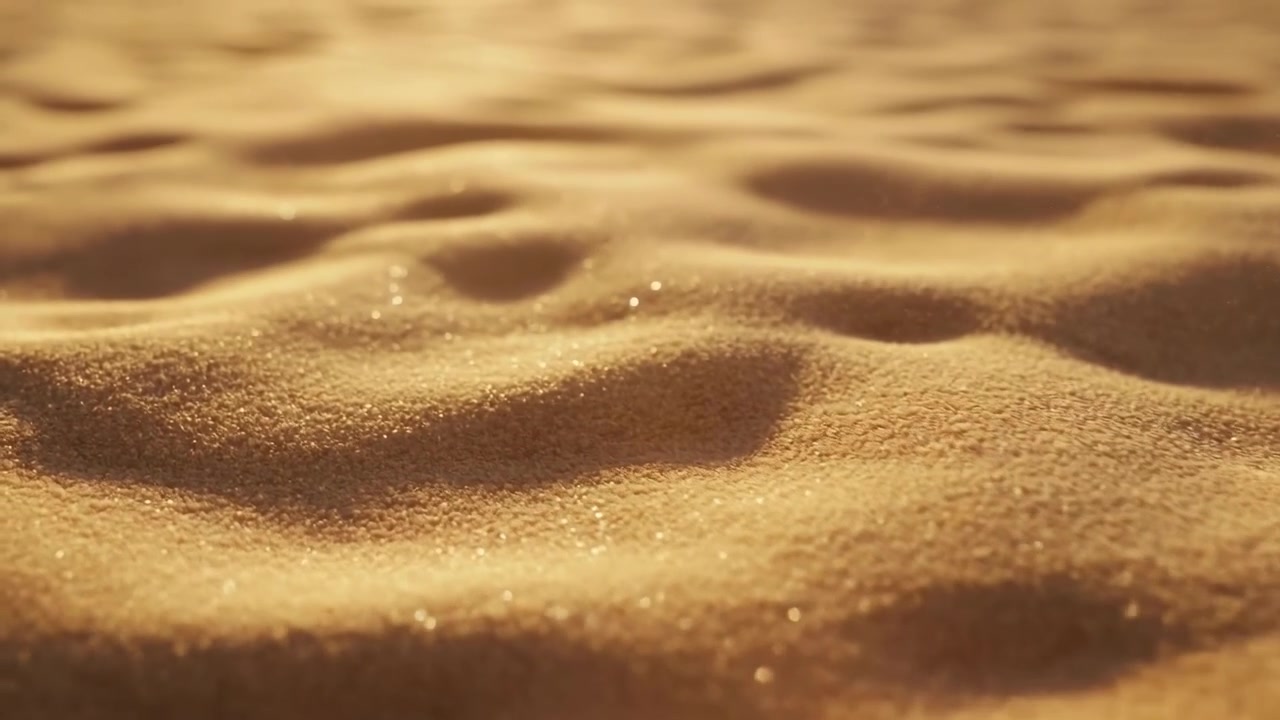 Bodennahansicht zeigt sonnenbeschienenen Sand mit flachen Wellen, kleinen Mulden, abgerundeten Graten, weichen Schatten, warmem Farbton und feiner körniger Textur auf einer ruhigen, trockenen Oberfläche in sanftem Licht, mit Sand, Düne.