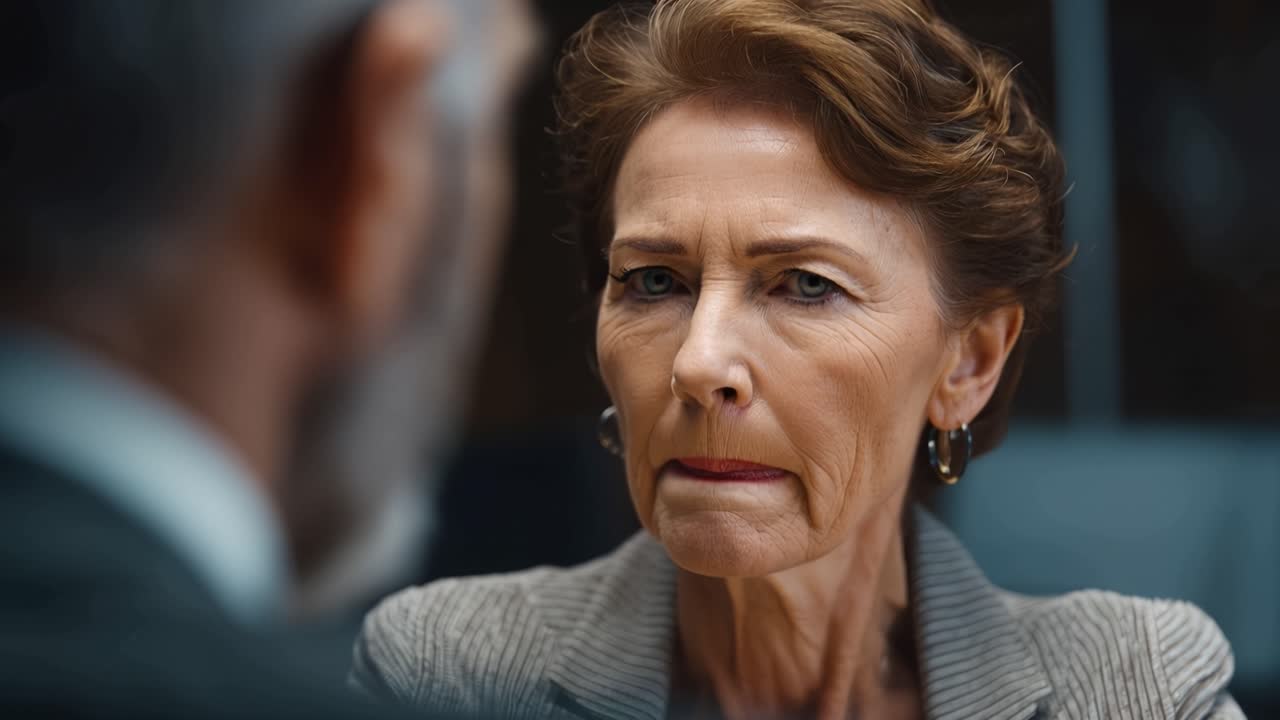 Donna ascolta attentamente durante una conversazione seria. La sua espressione mostra profonda concentrazione e preoccupazione. Indossa un abbigliamento professionale e gioielli discreti. La scena suggerisce un incontro d'affari o legale.