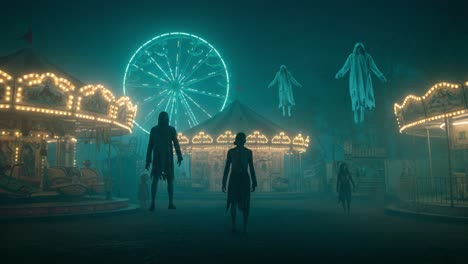 A Haunting Night at the Abandoned Carnival: Shadows and Phantoms Illuminate the Darkened Fairground with Eerie Lights and Whispers of the Past