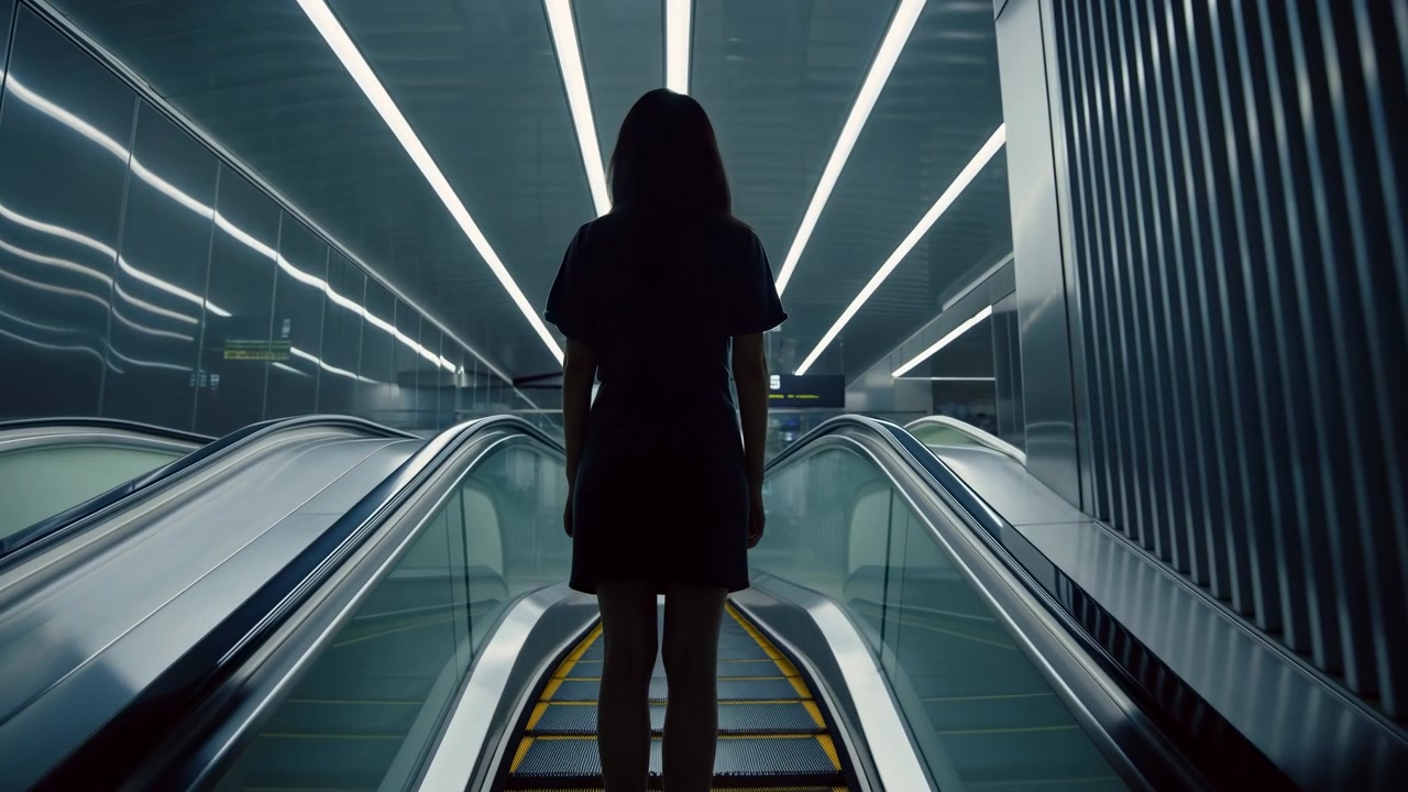 Rear view follows a solitary figure descending on moving escalator steps as luminous ceiling strips converge ahead, creating symmetry, cool reflections, and strong architectural depth.