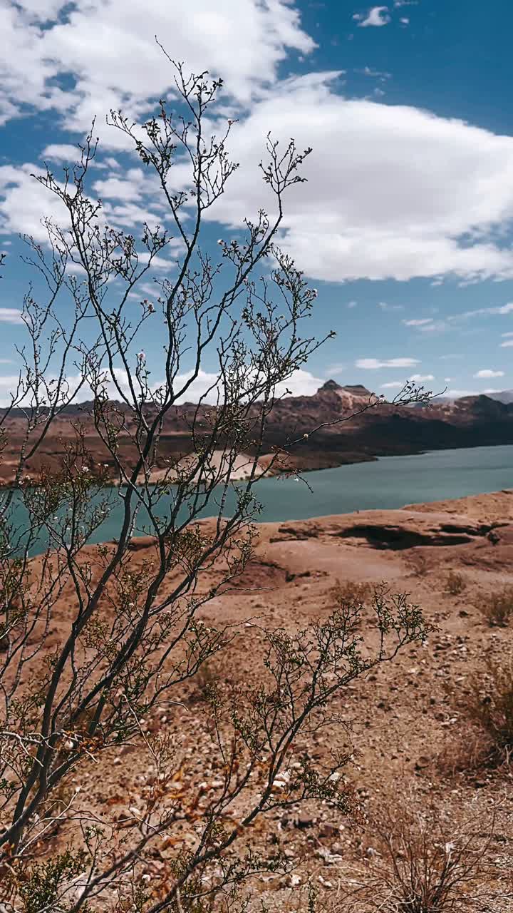 paisaje desértico con lagos y montañas