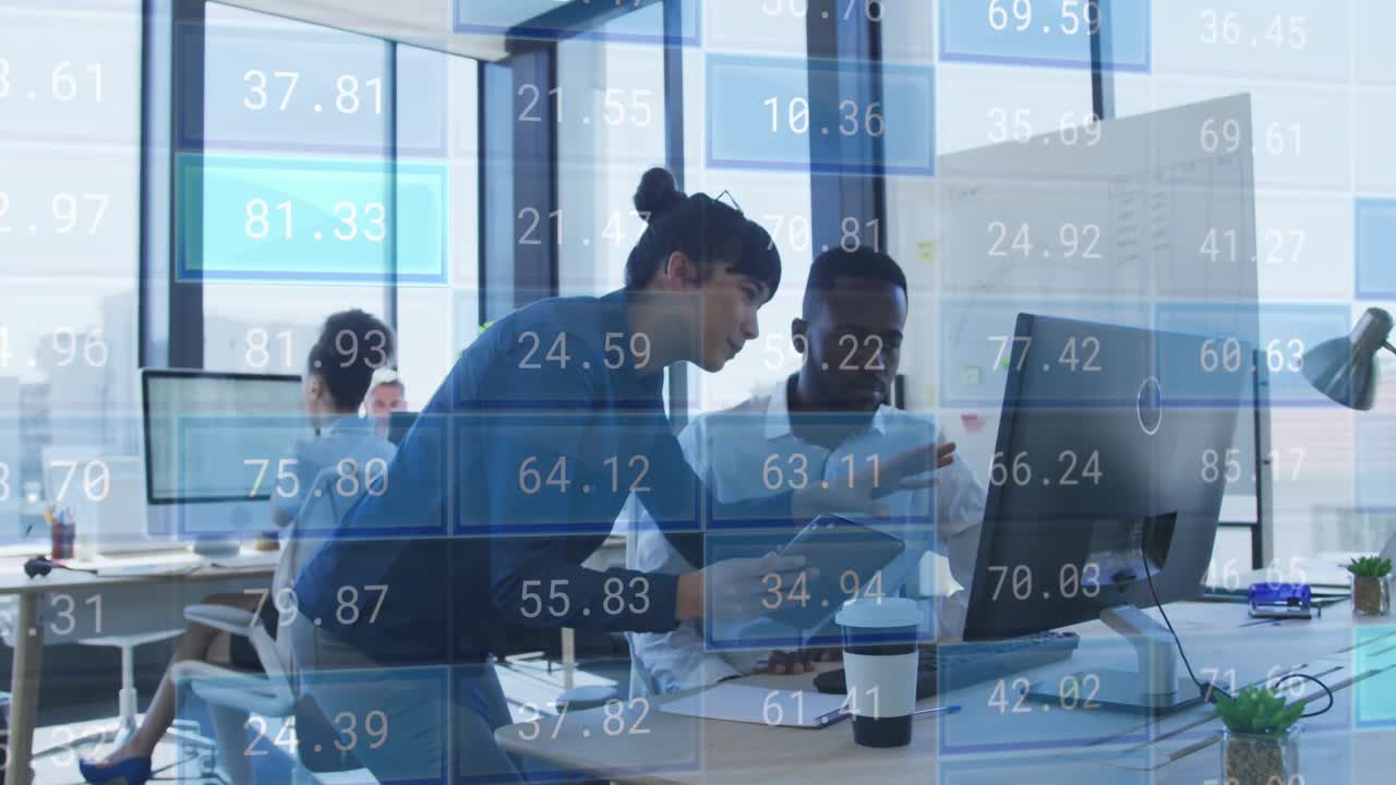 Animation of financial data processing over diverse business people discussing work at office