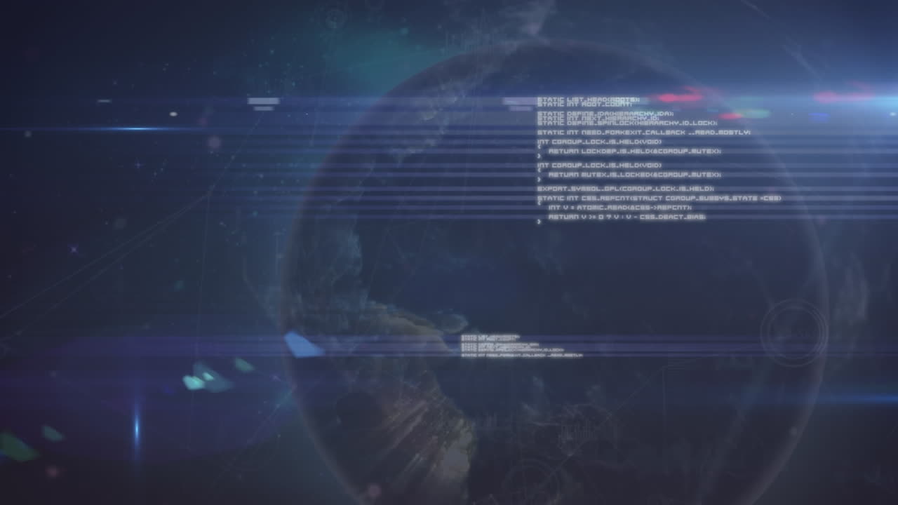 Animation of data processing and light spot over spinning globe in space