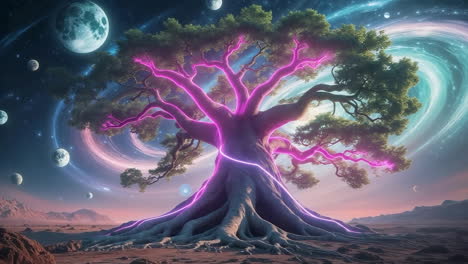 mystical cosmic tree with glowing roots and galaxy background