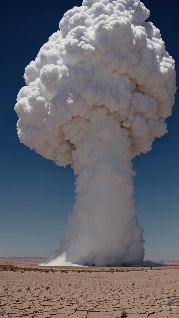 A dramatic low-angle shot captures a massive mushroom cloud rising from a desert landscape