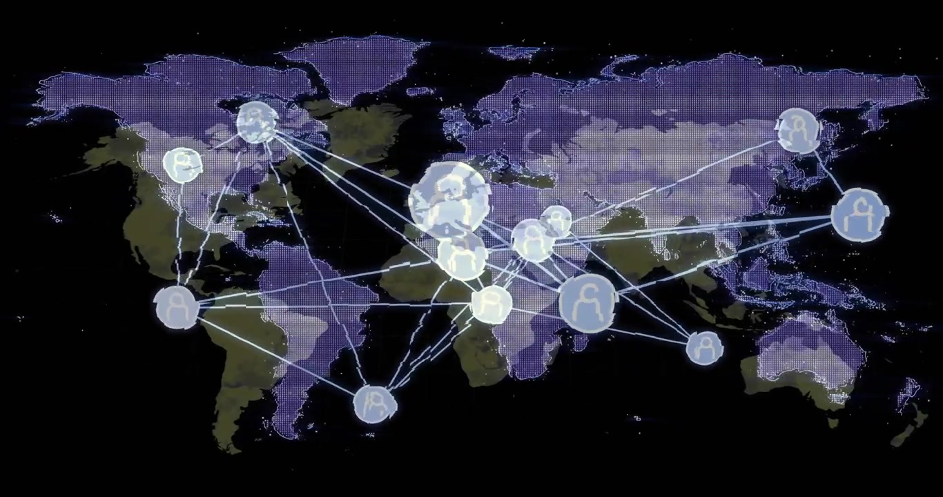 Single node appearing over Europe sending glowing lines to nodes pulsing to show global data flow