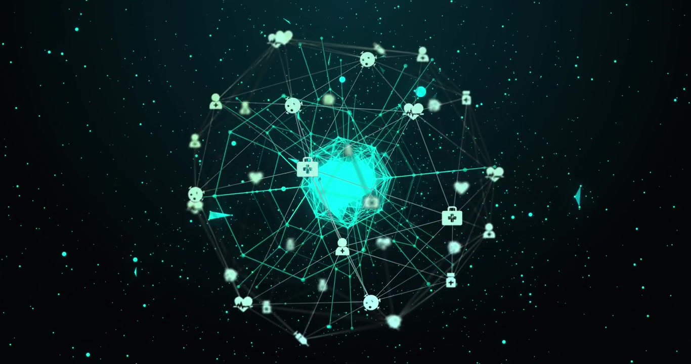 Animazione di una rete di connessioni con icone su un mappamondo, su sfondo nero