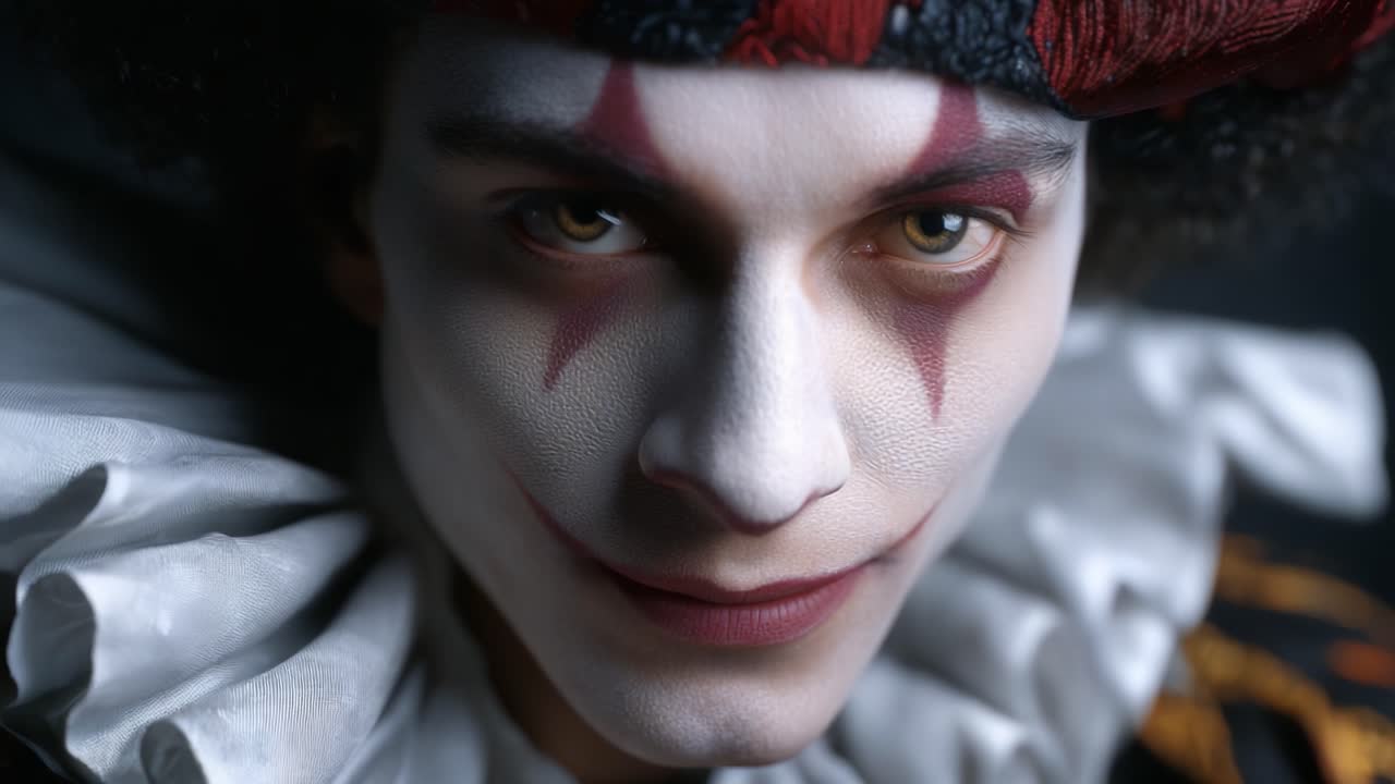 Primo piano di un clown teatrale con trucco elaborato e un'espressione intensa su uno sfondo scuro