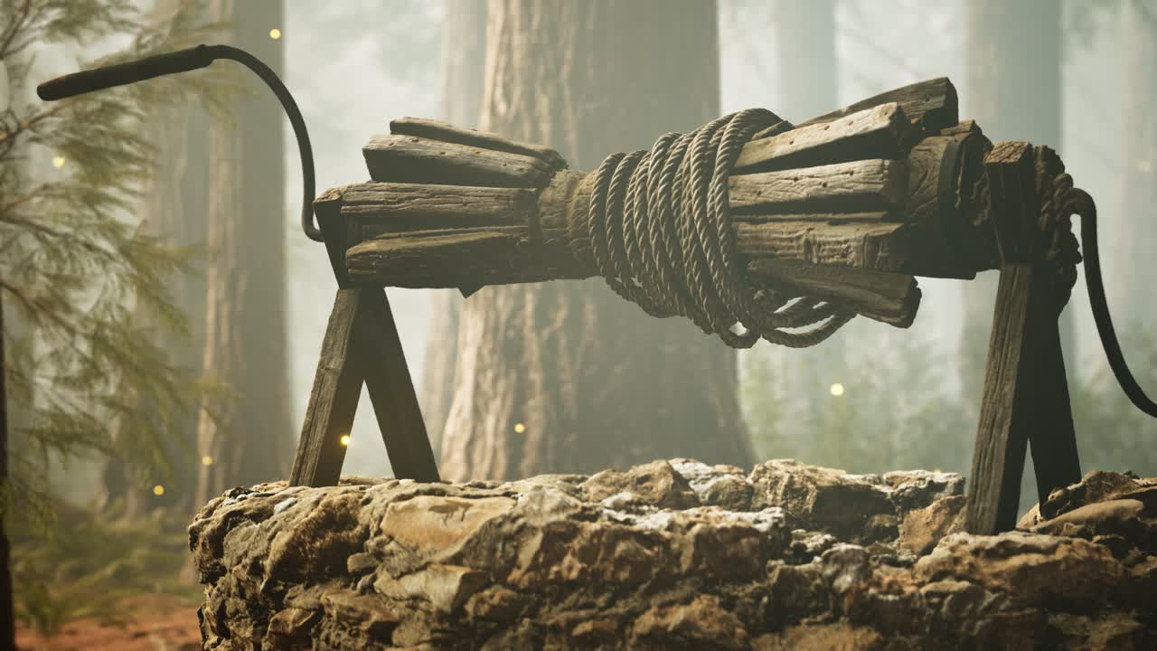 오래된 돌은 안개와 함께 숲에서 잘 그려