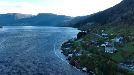 stavenes norway, windy autumn morning aerial along sorfjorden