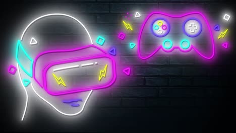 Animation-of-retro-glowing-neon-virtual-reality-headset-and-video-game-pad-flickering-on-black-brick