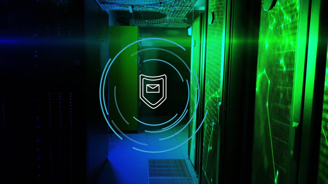 Animation of digital security icon in glowing data center corridor with green and blue lights