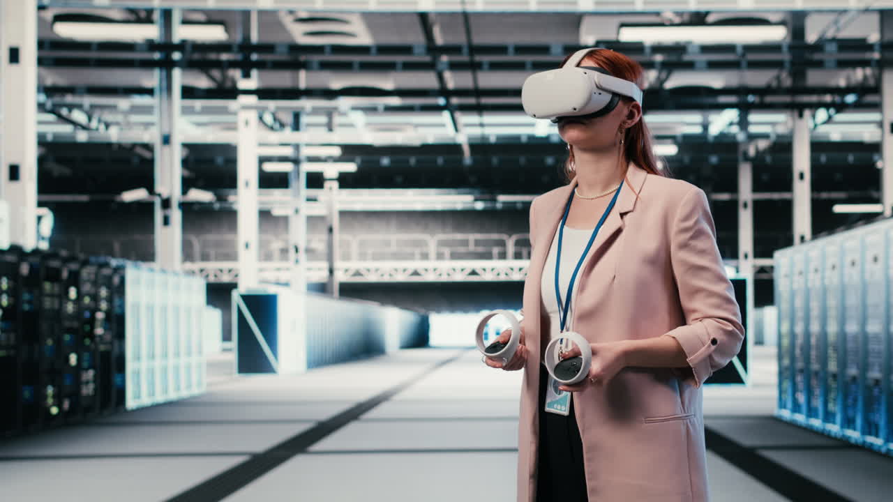 Donna con visore VR in un ambiente di data center virtuale