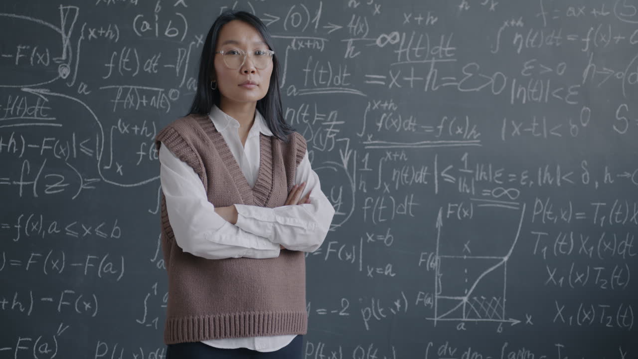 Female Teacher in Front of a Chalkboard Filled with Math Equations