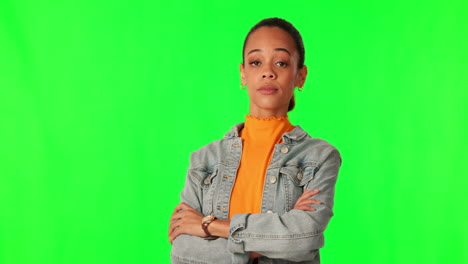 angry, woman and arms crossed on green screen