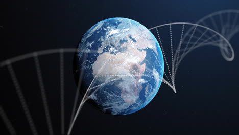 Animating-dna-strand-rotating-around-earth,-representing-global-genetic-research-and-science