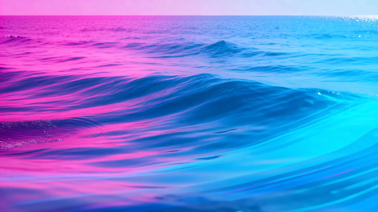 Camera framing gentle swell, ocean surface rolling toward front showing pink cyan gradient glints