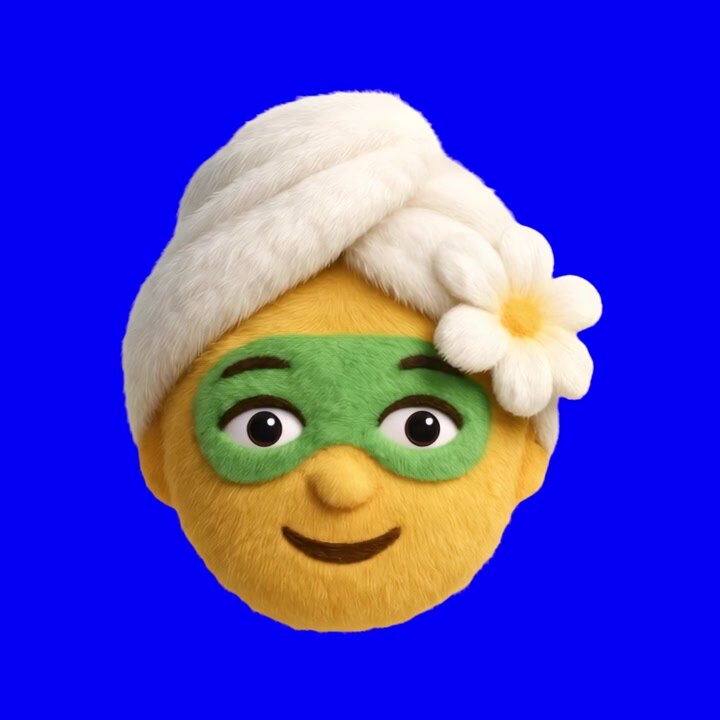 Personaggio animato 3D con asciugamano da spa e maschera viso