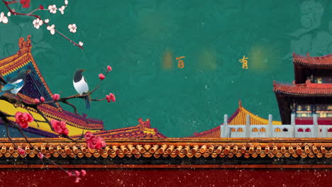 traditional chinese palace landscape with magpies, plum blossoms, and calligraphy