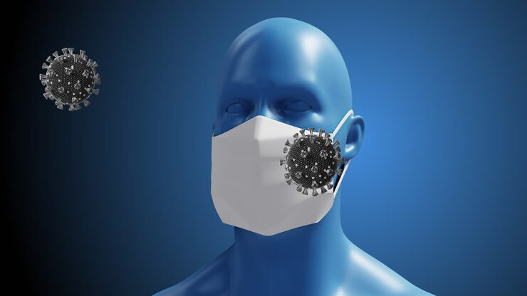 Animation of macro coronavirus Covid-19 cells floating over a 3D man wearing a mask